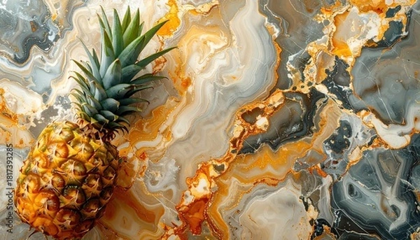 Obraz Exotic Pineapple on a Swirling Marble Background.