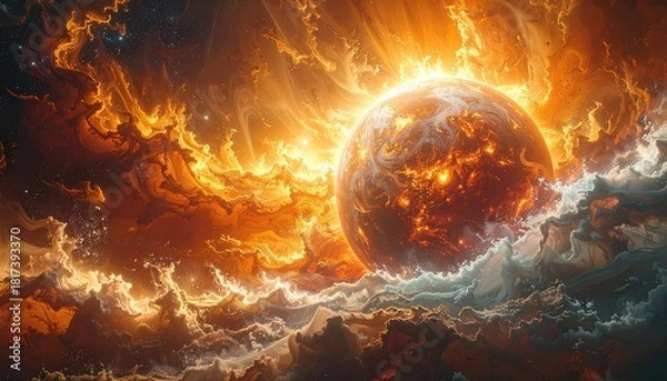 Obraz Fiery Planet Exploding in Cosmic Nebula with Intense Heat and Light.