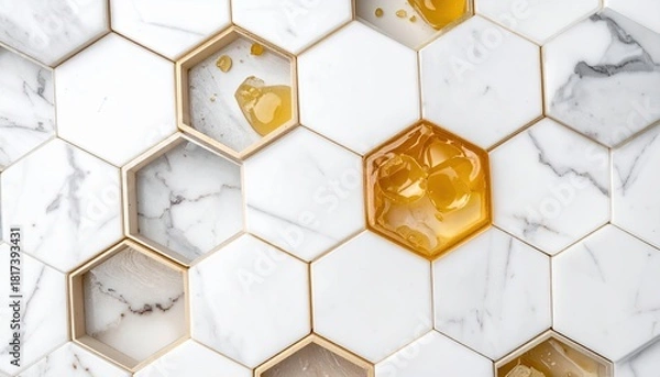 Obraz Hexagonal Marble and Gold Mosaic Tile Pattern Background.