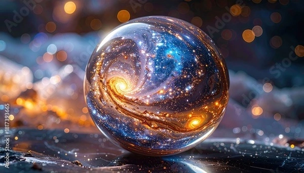 Obraz Mystical Crystal Ball Reflecting a Cosmic Galaxy Scene.