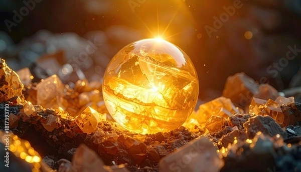Obraz Mystical Glowing Orb Surrounded by Crystals and Fiery Light.