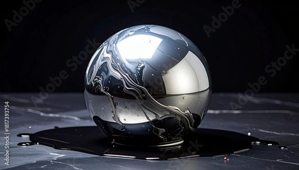Obraz Shiny Metallic Sphere Reflecting Abstract Patterns on Dark Surface.