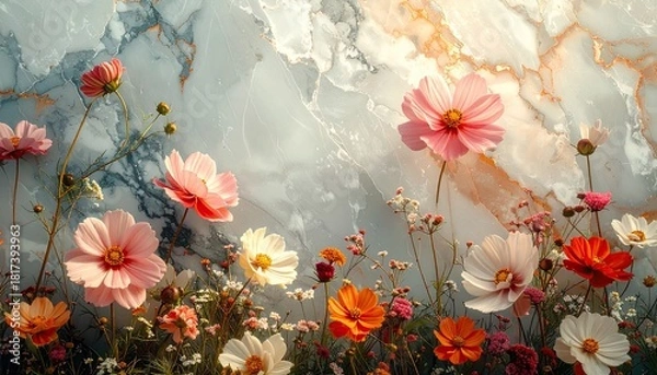 Obraz Vibrant Floral Arrangement with Soft Marble Background.