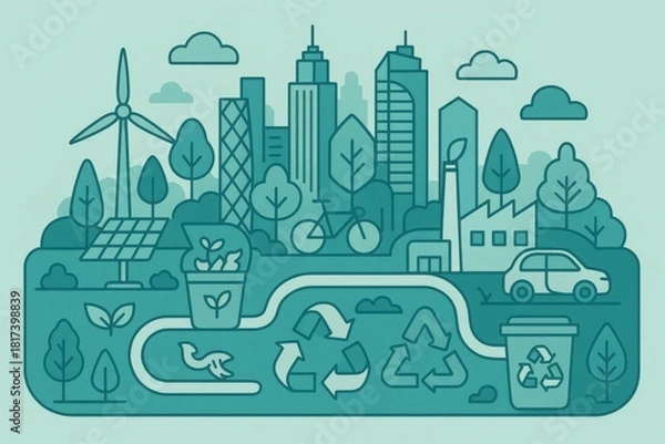 Obraz Sustainable Urban Ecosystem with Wind Turbines and Solar Panels Promoting Green Living and Recycling in a Modern Cityscape Focused on Environmental Awareness