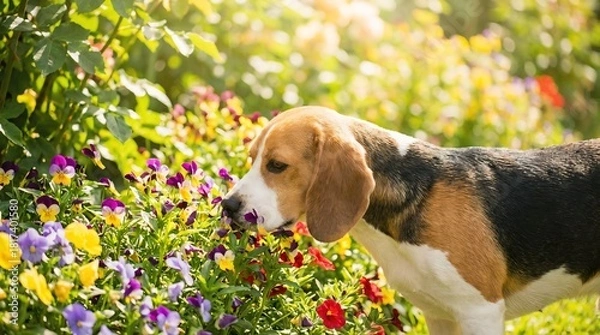 Fototapeta Beagle Sniffing Colorful Flowers in a Sunlit Garden - Nature Photography Focused on Pets