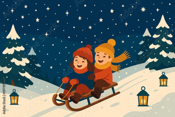 Fototapeta Sledding vector adventure scene lanterns illustration snowflakes under snow path starry winter