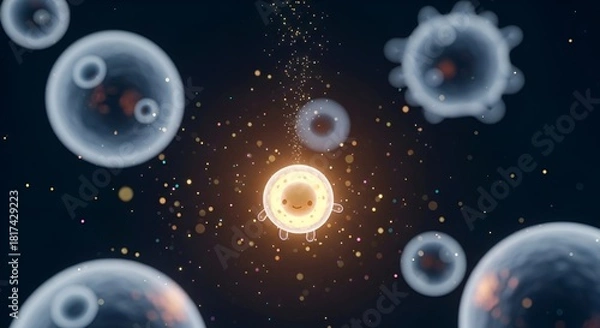 Fototapeta Cute Glowing Cell Surrounded by Microorganisms in Dark Microscopic World