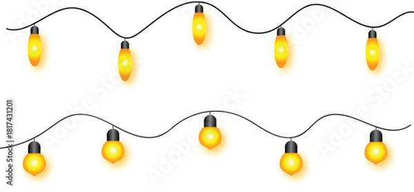 Fototapeta Warm Yellow Hanging String Lights on White Background – Glowing Festive Bulbs Garland for Decoration, Wedding Lights Border, Holiday Fairy Lights Isolated PNG Illustration
