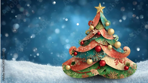 Obraz Whimsical Paper-Cut Christmas Tree on Snow with Blue Bokeh Background