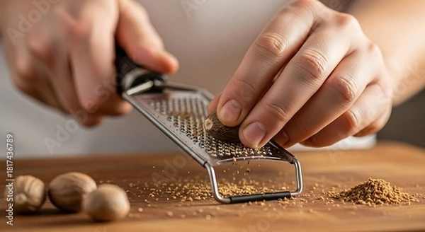 Obraz Nutmeg Grating Process Demonstrates Culinary Preparation and Fresh Spice