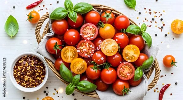 Fototapeta Vibrant harvest of cherry tomatoes and fresh basil in a woven basket against a clean white surface showcasing healthy