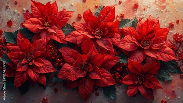 Obraz Luxurious Close-Up of Deep Red Poinsettias with Berries and Snow on a Festive Background