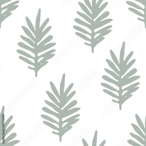 Fototapeta Cute floral background with green hand drawn leaves, branches on white. Tropic seamless pattern. Vector illustration.