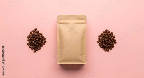 Obraz Minimalist coffee packaging concept featuring a blank kraft bag surrounded by roasted beans on a muted pink backdrop
