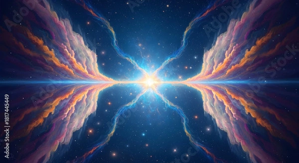 Obraz Symmetrical cosmic horizon, glowing nebula and sparkling stars reflect over distant space, creating an ethereal