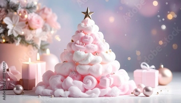 Obraz Choinka bożonarodzeniowa wykonana z waty cukrowej i  kolorowych pianek