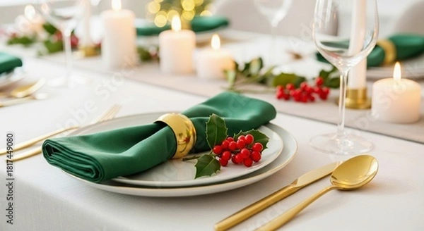 Fototapeta Elegant holiday table setting with festive green napkins, gold cutlery, and holly berries. Perfect for Christmas dinners, celebrations, and formal events.