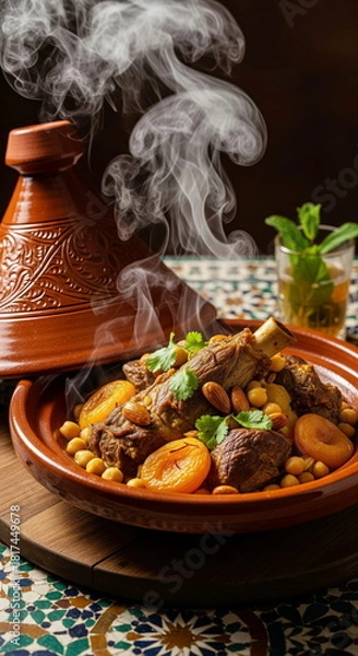 Fototapeta Authentic Moroccan lamb tagine, rich with chickpeas, apricots, and almonds, steaming in a traditional clay pot, set on a colorful mosaic table.