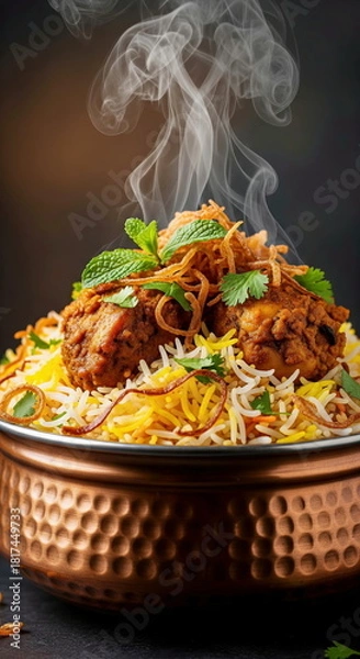 Fototapeta Delicious, steaming hot chicken biryani in a traditional copper pot, garnished with mint and fried onions, showcasing authentic Indian cuisine.