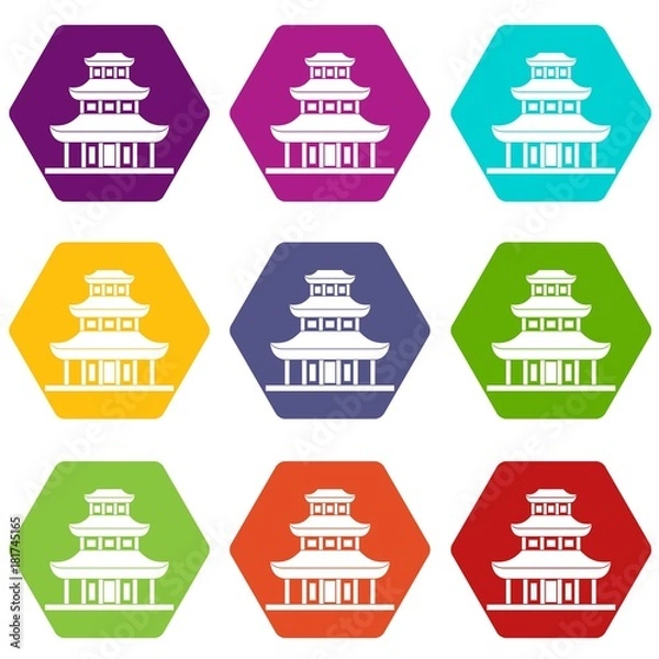 Fototapeta Buddhist temple icon set color hexahedron