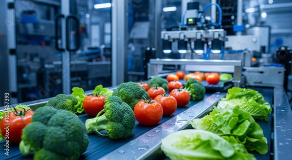 Fototapeta Automated food processing factory line with fresh vegetables on conveyor belt washing and sorting broccoli and tomatoes