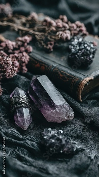 Obraz Amethyst Crystals with Dried Flowers and Vintage Book Background