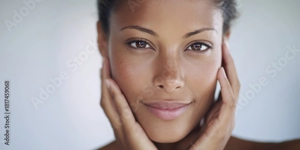 Obraz Beautiful Woman Gently Touching Her Face with a Soft Smile