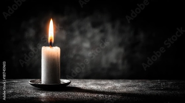 Fototapeta Single White Candle Flickering in Dark Environment