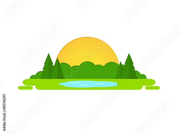 Fototapeta Icon of the island of wild nature: fir-tree, trees, lake 