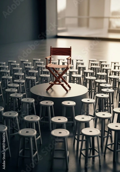 Obraz Elevated director's chair on a podium, surrounded by many stools, symbolizing leadership, unique opportunity, and being in the spotlight.