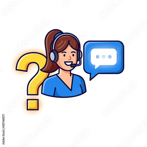 Fototapeta A cheerful customer service agent wearing a headset floats beside a large question mark and glowing chat bubble icon, symbolizing 24/7 technical support in a vibrant 2D flat vector illustration.
