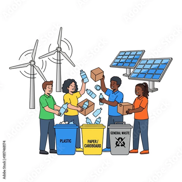 Fototapeta Diverse people collaboratively tossing plastic bottles into clearly marked recycling bins, promoting environmental action in a simplified 2D flat vector illustration.
