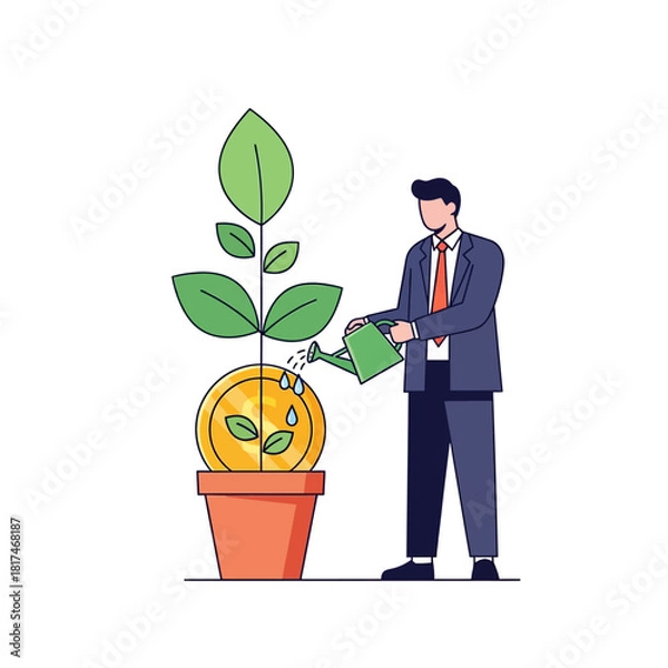 Fototapeta A businessman waters a large golden coin sprouting leaves in a pot, symbolizing smart investment and steady financial growth in a clean 2D flat illustration.