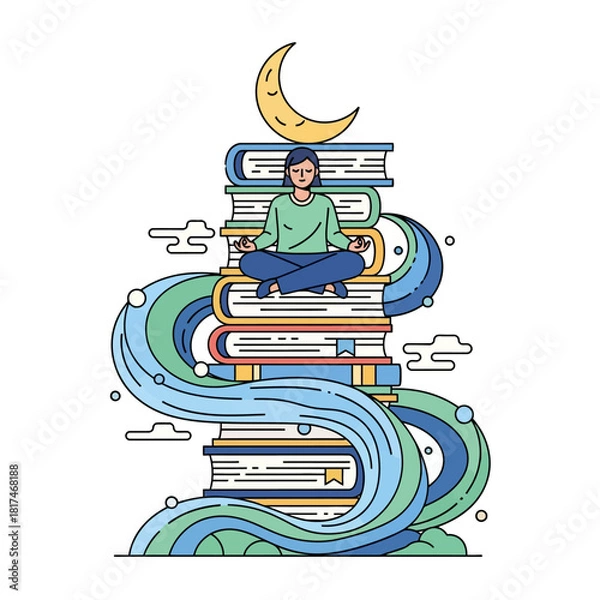 Fototapeta A person meditates in the lotus position atop a tall stack of books, supported by a crescent moon and flowing abstract water, symbolizing mental clarity in a 2D flat illustration.