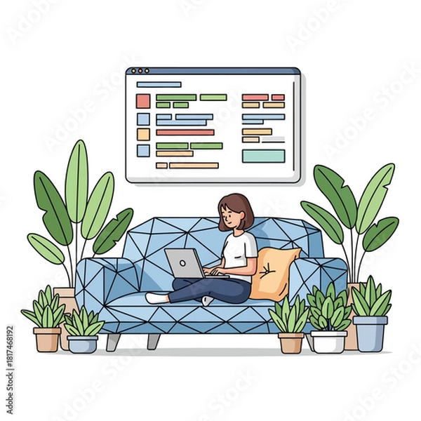 Fototapeta Remote work efficiency is depicted in this vibrant 2D flat vector illustration showing a young woman typing on a laptop on a modern geometric sofa near potted plants and a large task list screen.