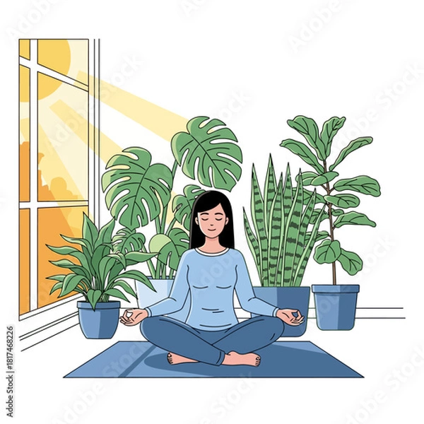 Fototapeta A serene woman meditates cross-legged on a yoga mat indoors, lit by sunlight and surrounded by large house plants, symbolizing tranquility and mental wellness in a vibrant 2D flat illustration.