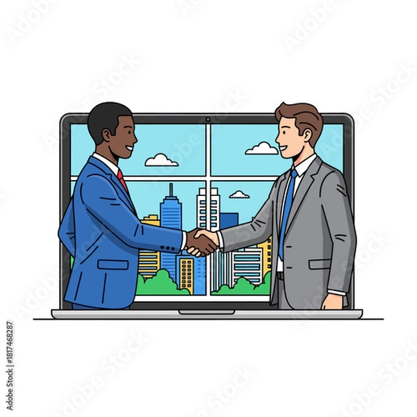 Fototapeta Diverse business partners shake hands across a desk with a large laptop screen and cityscape view, rendered in a modern flat 2D vector style.