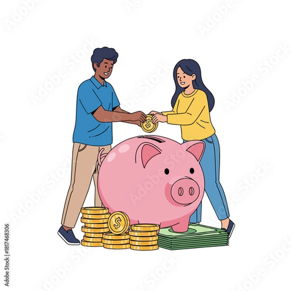 Fototapeta A young couple jointly adds a coin to an oversized pink piggy bank resting on stacks of money in this vibrant 2D flat vector illustration, symbolizing financial savings goals.