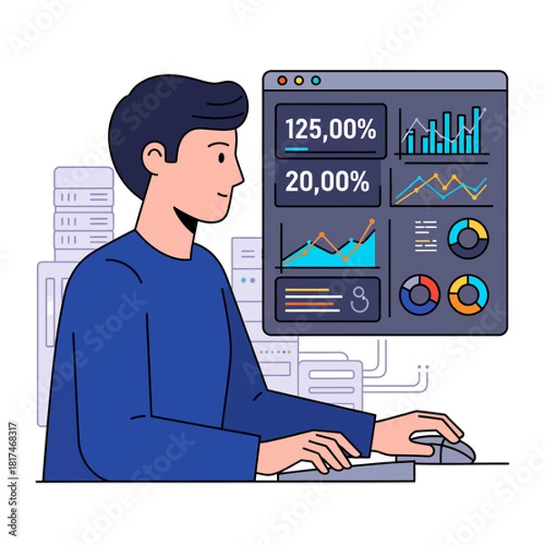 Fototapeta A cybersecurity professional monitors a complex digital dashboard displaying large data analytics and line graphs in a clean 2D flat vector illustration.