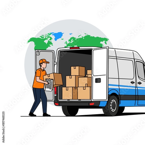 Fototapeta A delivery driver loads packages into a van while checking a shipment manifest, set against a stylized global logistics map in a simplified 2D flat illustration.