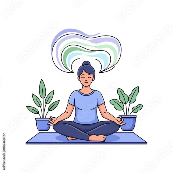 Fototapeta Vibrant flat 2D vector illustration depicting a peaceful person meditating cross-legged on a yoga mat, surrounded by potted greenery and abstract lines symbolizing spiritual harmony and wellness.