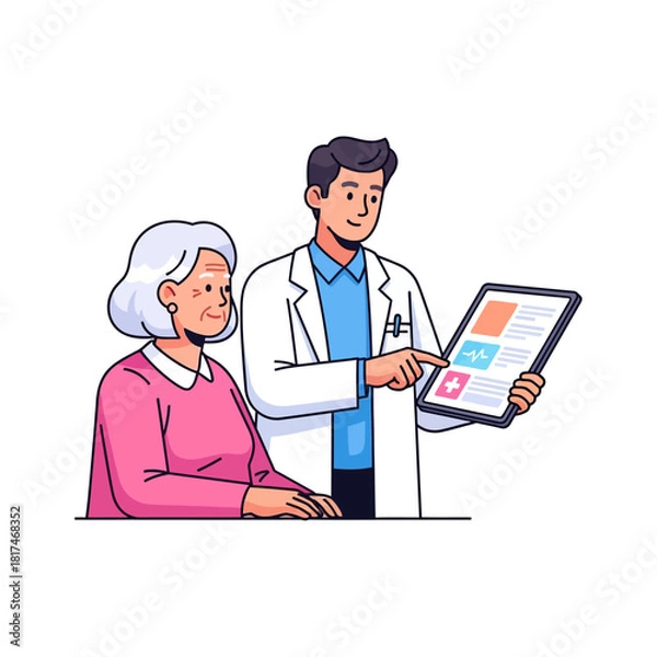 Fototapeta Doctor consulting elderly female patient about health data displayed on a large tablet, depicted in a modern flat vector illustration style with clean outlines.