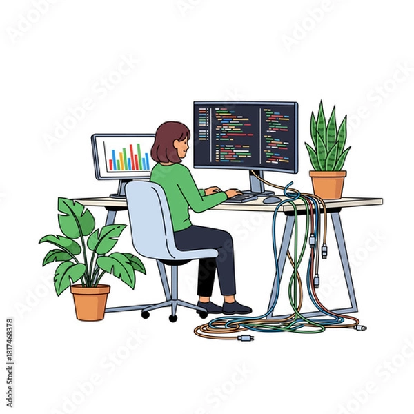 Fototapeta A female software engineer is comfortably working and typing code on a large curved monitor at a modern desk surrounded by vibrant potted office plants in a 2D flat vector illustration.