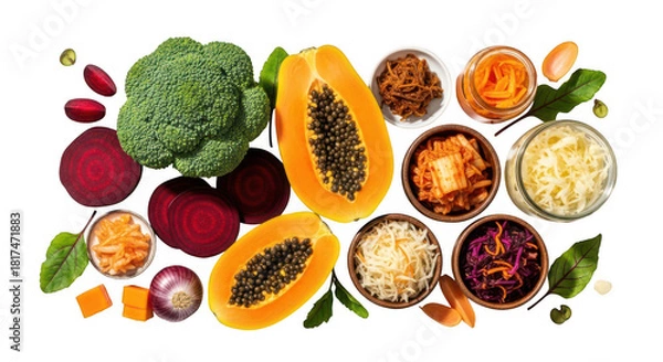 Obraz Fresh broccoli, papaya, beets, and fermented foods for gut health isolated on transparent background