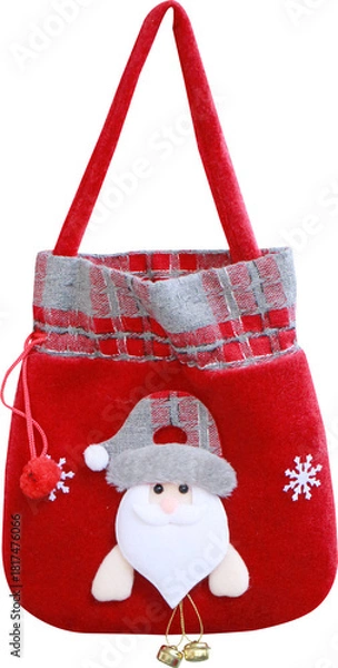 Obraz Red velvet Christmas gift bag with Santa Claus image on transparent background