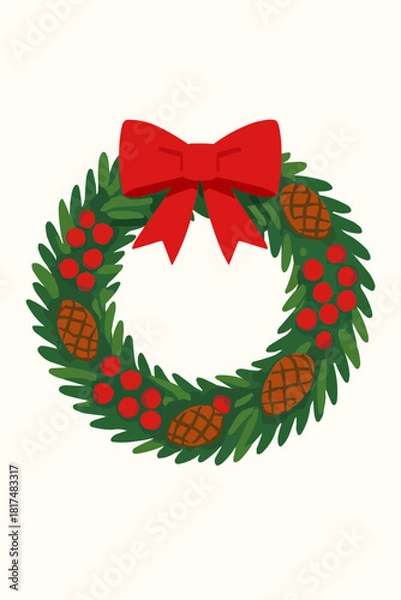 Fototapeta Christmas Wreath with Bow Flat Vector