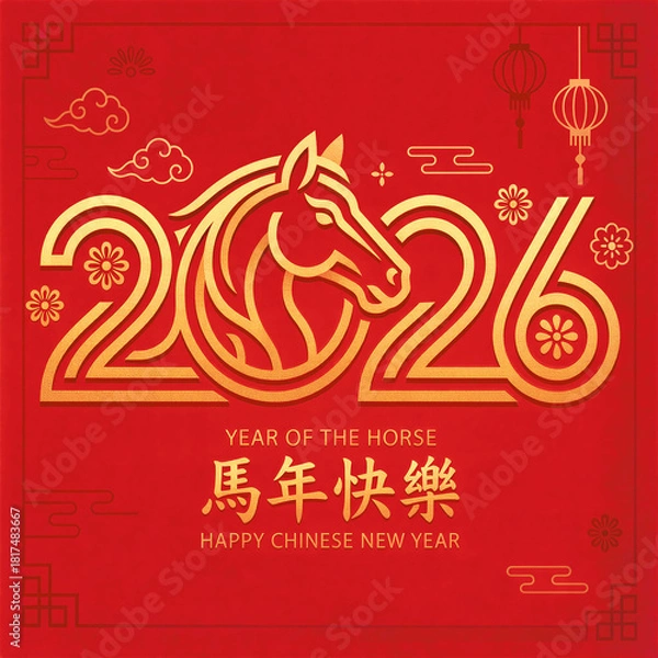 Fototapeta Happy Chinese New Year 2026 Year of the Horse, Gold Logo Design with Red Background