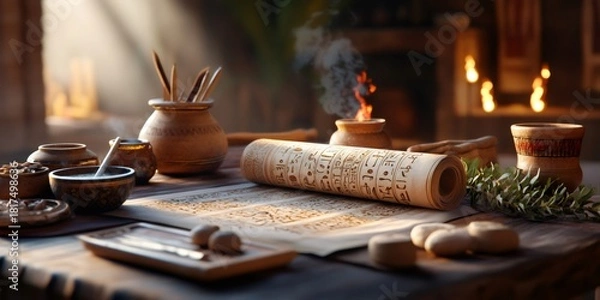 Obraz Ancient Egyptian scribe writing papyrus scroll with hieroglyphs