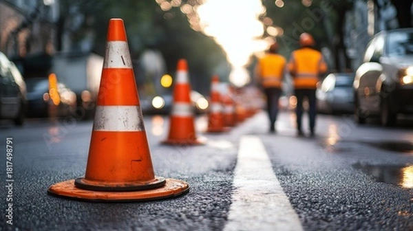 Obraz Orange road cone marking construction work area