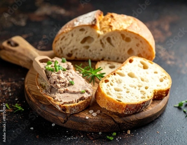 Fototapeta Artisanal pâté spread on a rustic slice of bread, symbolizing gourmet cuisine, traditional flavors, Mediterranean lifestyle, and authentic culinary culture perfect for food and drink concepts.